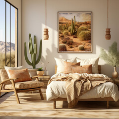 Boho Aesthetic bedroom, realistic photo, with wooden bed, cactus plants, sunlight coming from window, armchair and pillows, hanging lights, photo frame of cactus, bohemian aesthetic style