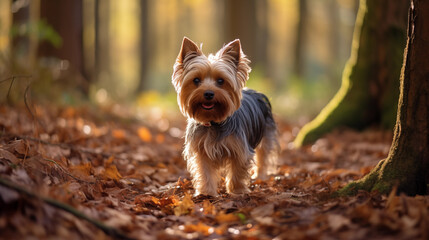 Yorkshire Terrier (Yorkie) in the autumn forest (AI Generated)