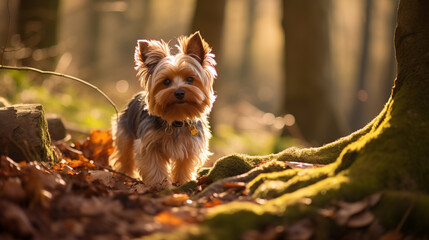 Yorkshire Terrier (Yorkie) in the autumn forest (AI Generated)