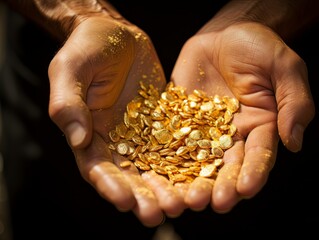 Gold nuggets in male hands AI