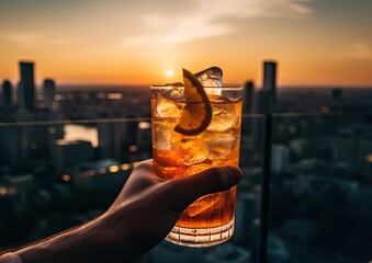 A cinematic shot of an Americano cocktail being served on a rooftop bar at sunset, capturing the gol - obrazy, fototapety, plakaty
