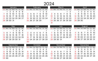 2024 calendar, horizontal. Modern vector illustration. Plan your year