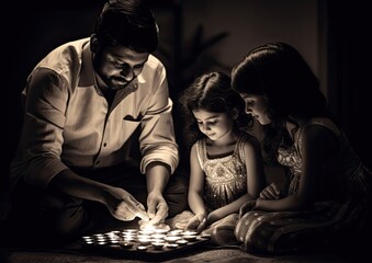 A classic black and white photograph of a family lighting diyas together during Diwali,capturing th