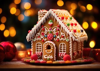 A close-up shot of a beautifully decorated gingerbread house, capturing the intricate details of the