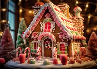 A close-up shot of a beautifully decorated gingerbread house, capturing the intricate details of the