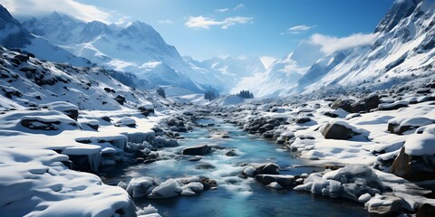 Fototapeta na wymiar landscape view of icy mountains and rivers in the wild