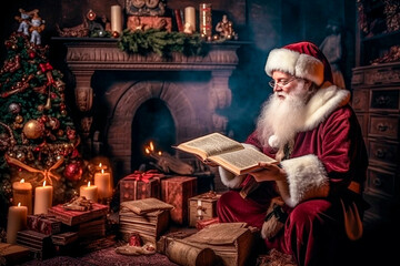 Obraz na płótnie Canvas Santa Claus sits by the fireplace and a beautifully decorated Christmas tree and reads vintage books