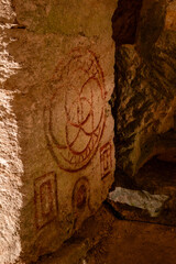 Close up of the beautiful  carving on a sarcophagus in the Cave of the Coffins at Bet She'arim in...
