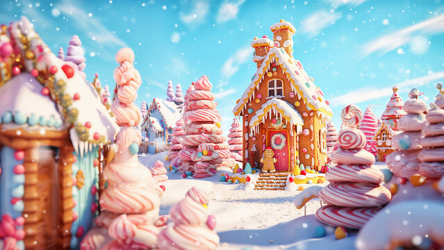  Christmas gingerbread city or town. Colorful christmas gingerbread house panorama, gingerman home - concept