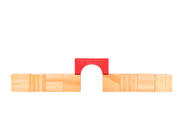 Bridge the gaps between the wooden blocks with a red wooden bridge. Coordination, Networking, Conflict Management or mediation. Isolated on white background. PNG