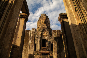 Colonnaded access area, to the interior of Bayon Temple, near Angkor Cambodia, at sunset.