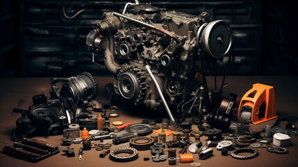 Auto repair, car engine repair, spare parts are laid out on the table. Maintenance of diesel and gasoline equipment, service center