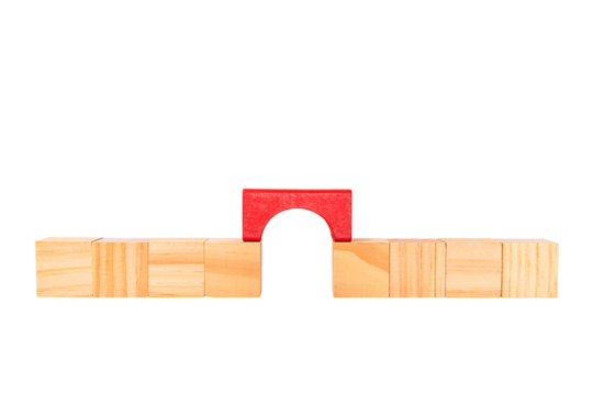 Bridge the gaps between the wooden blocks with a red wooden bridge. Coordination, Networking, Conflict Management or mediation. Isolated on white background. PNG