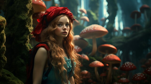 Alice in Wonderland, a fabulous forest of big mushrooms, a girl in a fairy tale. Mushrooms trees toadstools fly agarics