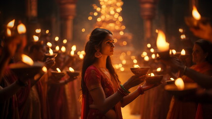 Young woman placing diyas on terrace on occasion of Happy Diwali, oil lamp light, lit on colorful rangoli during diwali celebration. Hindu festival of lights celebration