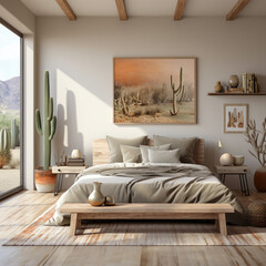 Boho Aesthetic bedroom, realistic photo, with wooden bed, cactus plants, sunlight coming from window, photo frame of cactus, neutral linen sheets, vases, bohemian aesthetic style