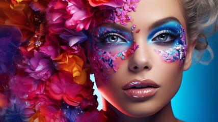 Beauty fashion portrait, makeup close-up, eye shadow bright lipstick. Flower petals background