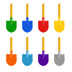 Naklejka premium Vector colored toy shovels for playing sand for children on a white isolated background