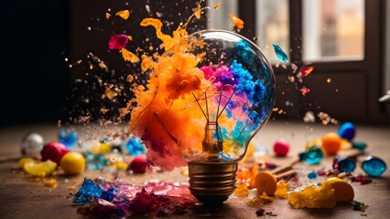 Creative design of an exploded light bulb with colorful colors got out of it