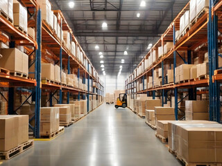 Retail warehouse full of shelves with goods in cartons, with pallets and forklifts. Logistics and transportation blurred background. Product distribution center.