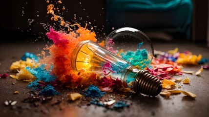 Creative design of an exploded light bulb with colorful colors got out of it - obrazy, fototapety, plakaty