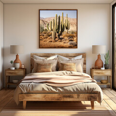 Boho Aesthetic bedroom, realistic photo, with wooden bed, cactus plants, sunlight coming from window, photo frame of cactus, beige linen sheets, vases, wooden night stands, lamp shades, bohemian