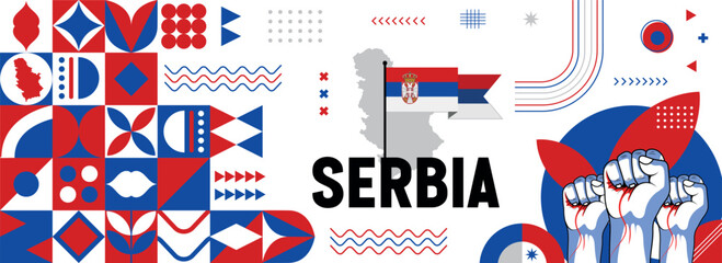 Serbia national or independence day banner for country celebration. Flag and map of Serbia with raised fists. Modern retro design with typorgaphy abstract geometric icons. Vector illustration.