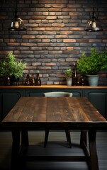 empty wooden table with dark brick wall background