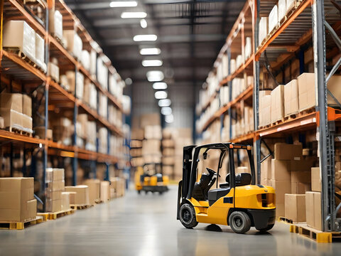 Retail warehouse full of shelves with goods in cartons, with pallets and forklifts. Logistics and transportation blurred background. Product distribution center.