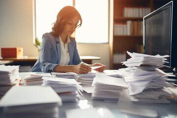 The shot of a beautiful businesswoman or secretary officer is sorting document papers on her messy...