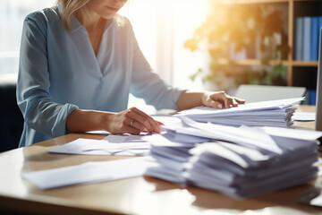 The shot of a beautiful businesswoman or secretary officer is sorting document papers on her messy desk in an office room. Generative AI.