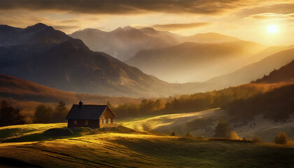 Sunrise in the mountains. Landscape with a rural house.