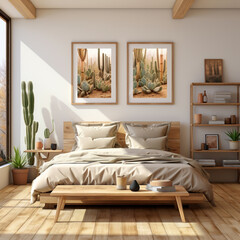 Boho Aesthetic bedroom, realistic photo, with wooden bed, cactus plants, sunlight coming from window, 2 photo frames of cactus, beige linen sheets, vases, wooden night stands, bohemian aesthetic style