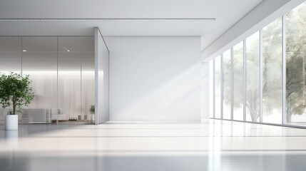 contemporary office corridor interior with mock up white billboard, glass doors, and modern furniture on concrete floors - architectural and design concept