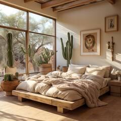 Boho Aesthetic bedroom, realistic photo, with wooden bed, cactus plants, sunlight coming from window, photo frames of cactus, beige linen sheets, vases, wooden night stands, bohemian aesthetic style