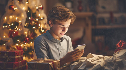 Portrait of an Alpha generation child taking pictures of Christmas gifts on smartphone, communicates online. Banner - Powered by Adobe