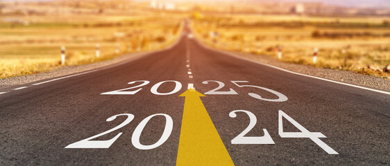 Empty asphalt road with New year 2024 concept. Direction to new year concept and sustainable...