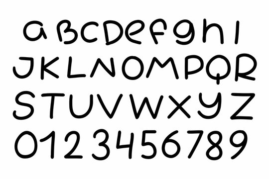 Lowercase modern black english latin abc alphabet font A to Z and digits 0 to 9 set. Vector illustration in doodle hand written style isolated on white background. For naming, card, school, logo.