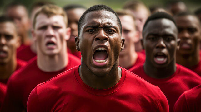 Group of redshirted boys standing together and yelling at military training.