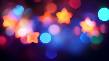 Star shaped bokeh, blurred lights, christmas decoration, multicolor blurry shapes, rainbow stars, christmas light, garland, depth of field, haze, blurry background - Powered by Adobe