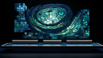 A digital-circuit-themed mosaic podium that uses various shades of blue and green tiles.