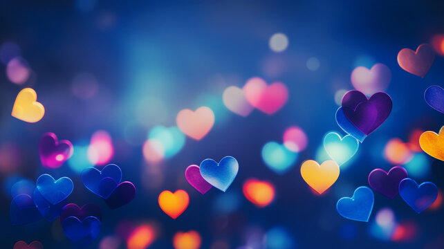 heart shaped bokeh, confetti for wedding, blurry heart background, romantic, valentine's day, depth of field, heart shaped multicolored lights, haze, rainbow, blue blurred background
