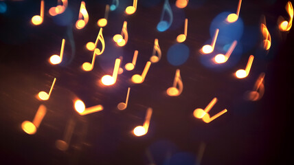 music note on a black background, blurry lights, gold musical note, bokeh, abstract background, concert, music party, singing event, music event
