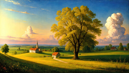 Obraz premium Beautiful idyllic view, oil painting of rural landscape with green fields.