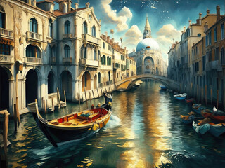 Atmospheric landscape of a small town by the caribbean sea, acrylic painting illustration