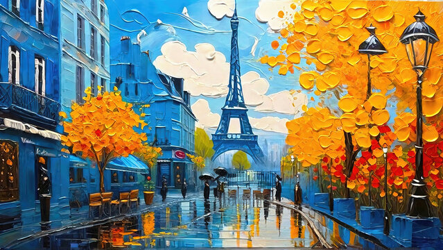 Streets of Paris with the Eiffel Tower in the background oil painting style.