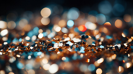 metal confetti with abstract shapes, blurry bokeh, metalic scrapes, depth of field, abstract background, light and technology, party