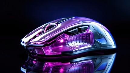 A wireless gaming mouse with color illumination on a glass tabletop, purple-black with depth of field, created with Generative AI technology.