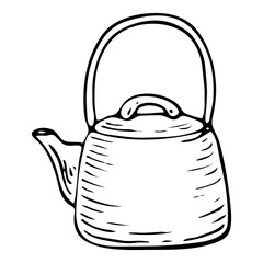 Sketch metal kettle. Cookware. Hand drawn illustration.