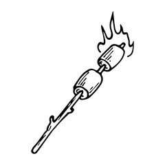 Marshmallow on branch sketch. Camp food by fire. Hand drawn illustration.